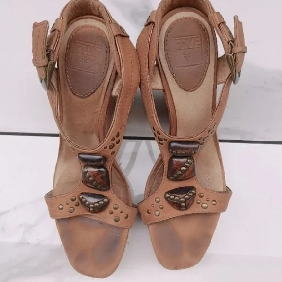 [Frye] Coastal Boho Bridget Ornament Leather Wood Wedge Sandals Womens Sz 8.5 - Picture 13 of 13